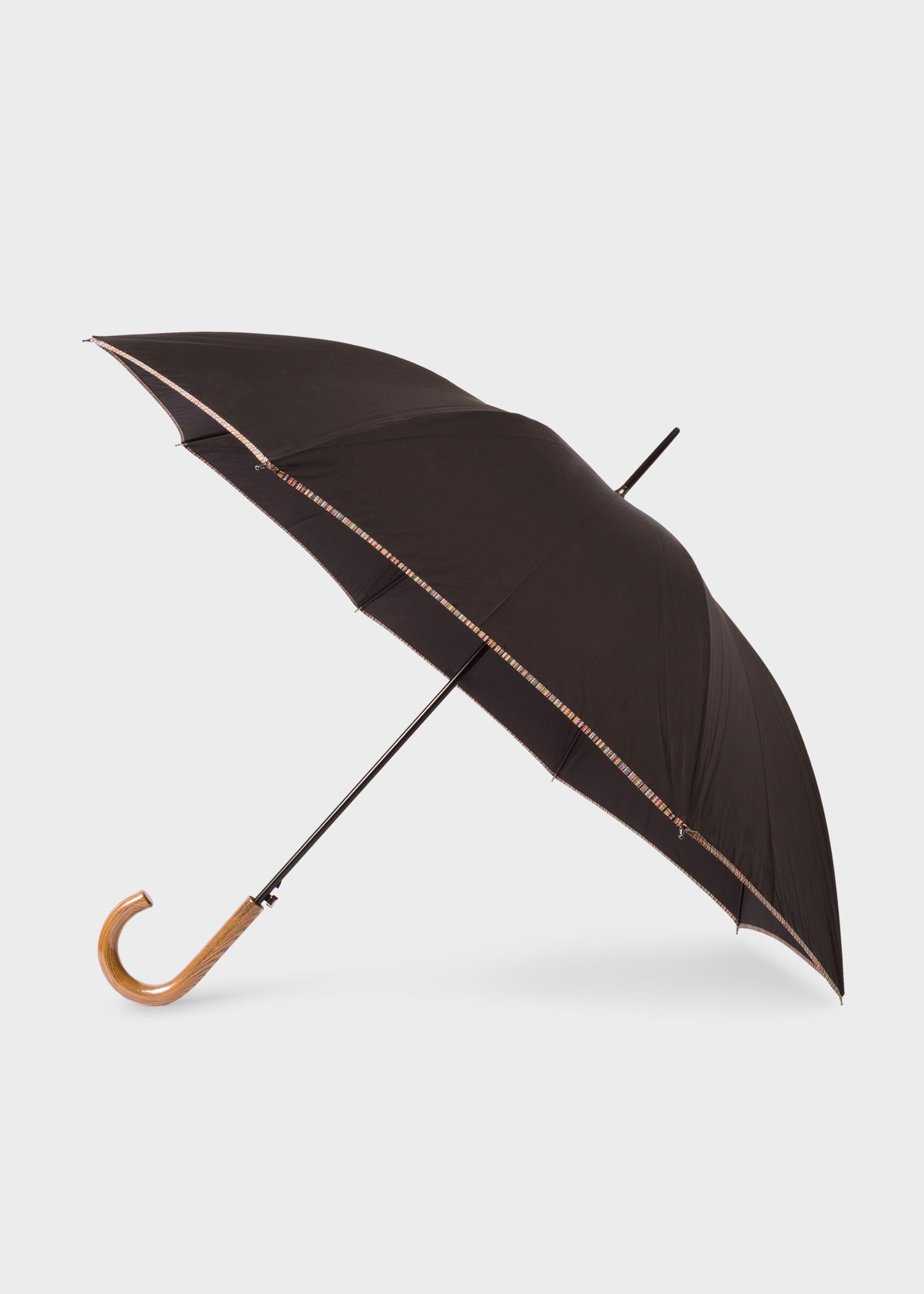 PAUL SMITH BLACK 'SIGNATURE STRIPE' BORDER WALKER UMBRELLA WITH WOODEN HANDLE MULTICOLOUR