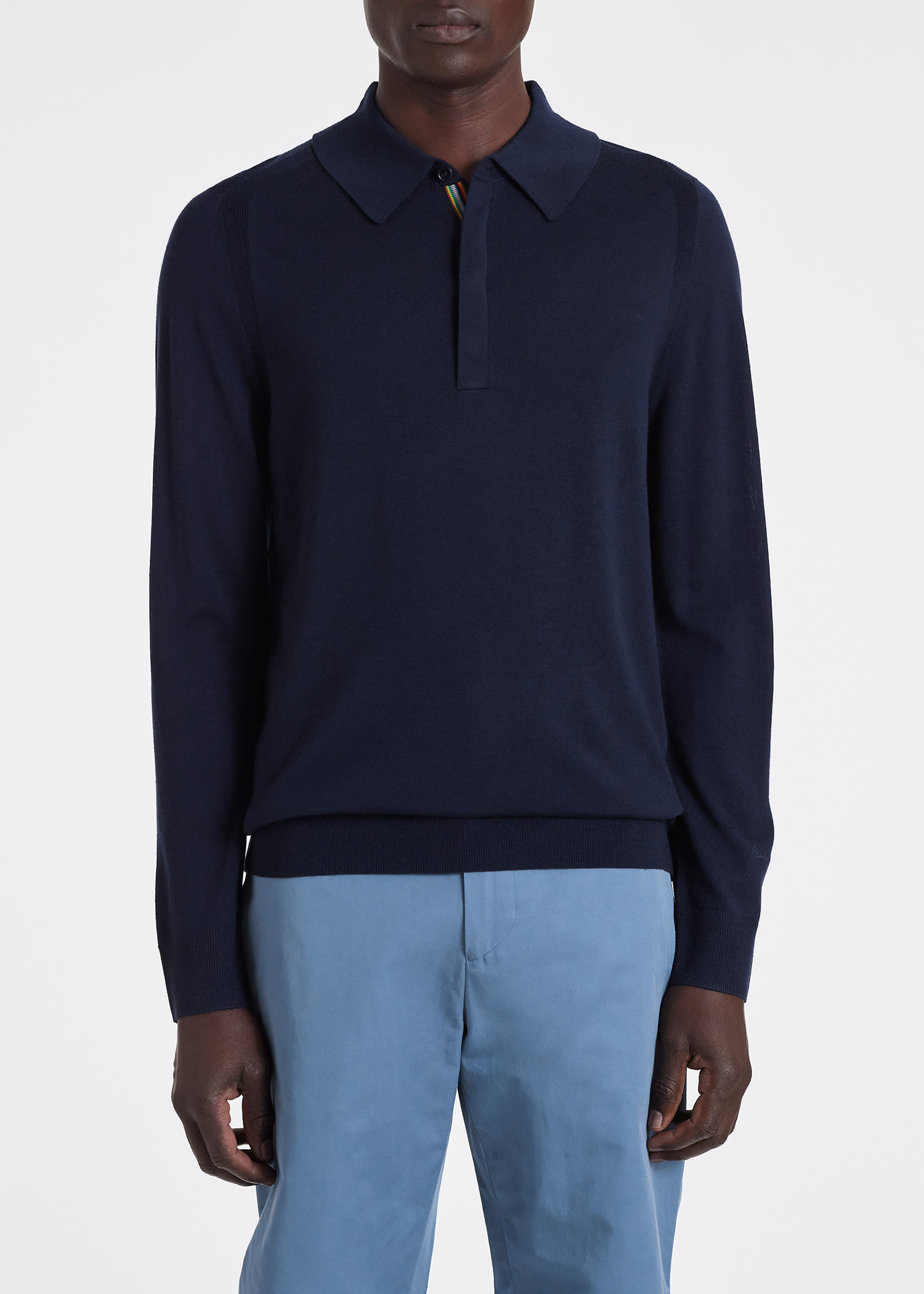 Paul Smith Navy Merino Wool Long-sleeve Polo Shirt In Blue