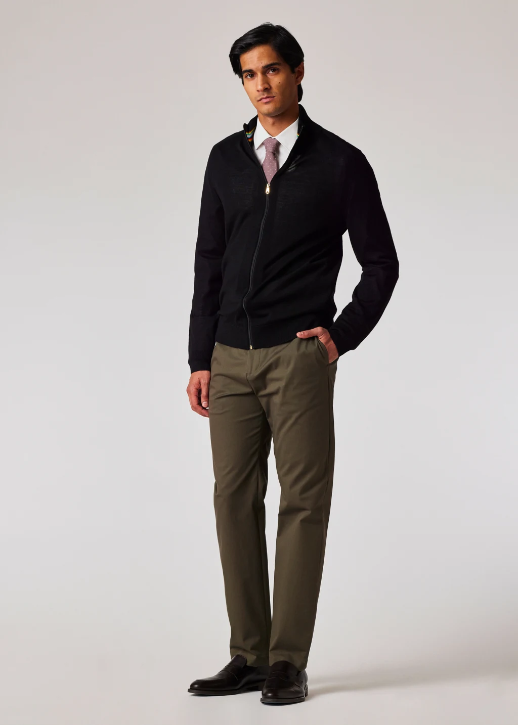 Men's Black Merino Wool Full Zip Cardigan