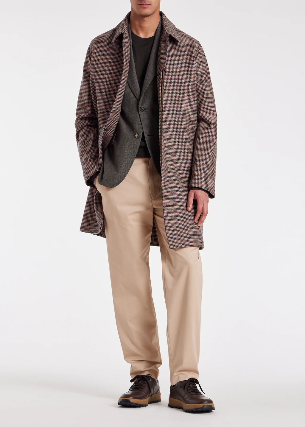 Men s Brown Multi Houndstooth Wool Tweed Overcoat