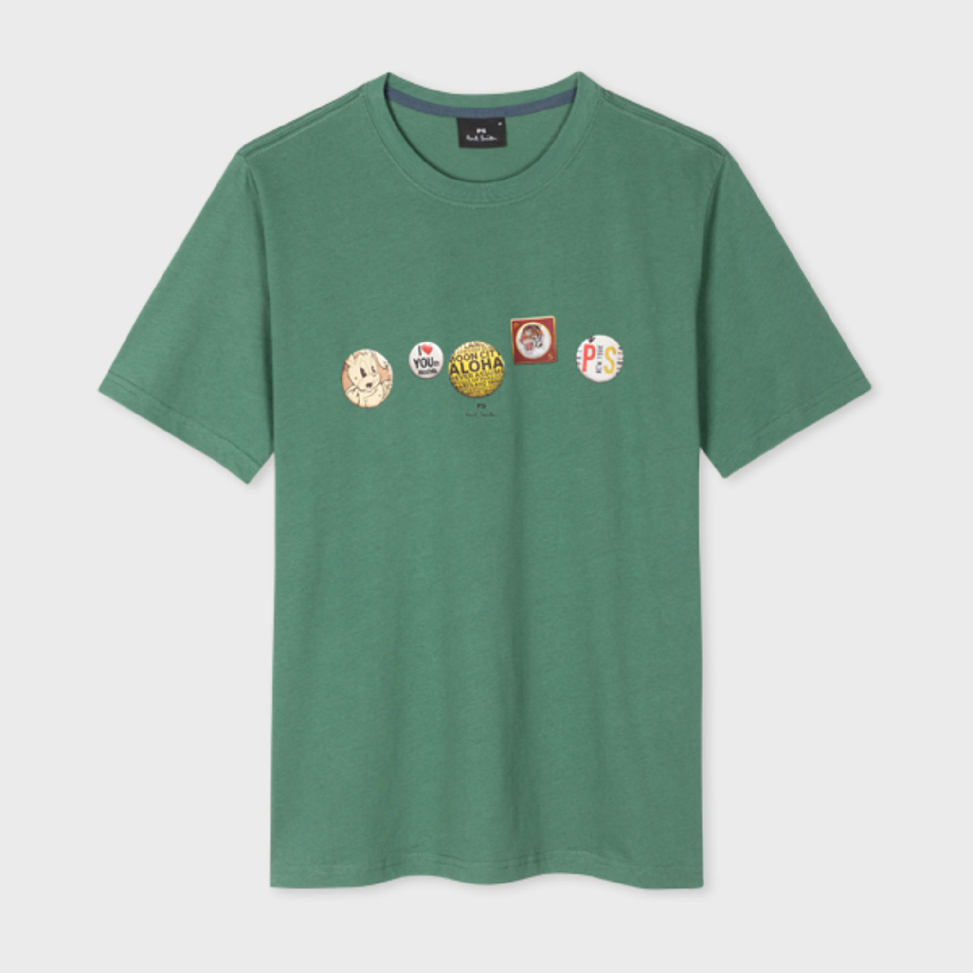 PS BY PAUL SMITH GREEN COTTON 'BADGES' PRINT T-SHIRT