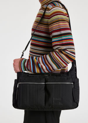 Model view - Men's Black 'Shadow Stripe' Cross-Body Bag Paul Smith