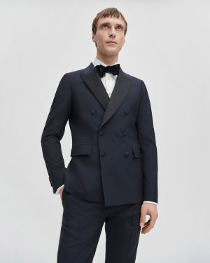 Model View - Men's Navy Wool-Mohair Double-Breasted Evening Blazer Paul Smith