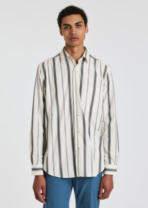 Model View - Men's Tailored-Fit White Stripe Cotton Shirt Paul Smith
