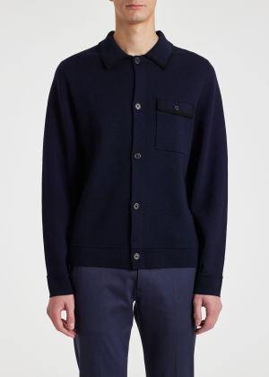 Model View - Navy Merino Wool Collared Cardigan Paul Smith