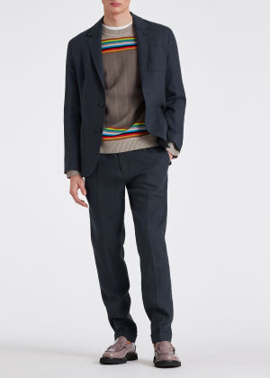 Model View - Men's Navy Linen Drawstring-Waist Trousers by Paul Smith