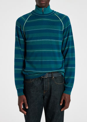 Model Wear - Men's Blue Multi-Stripe Merino Wool Sweater