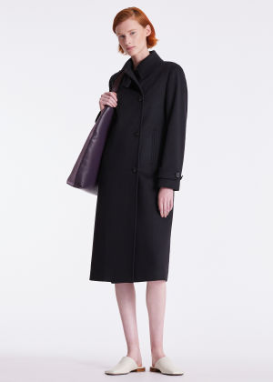 Model View - Women's Navy Wool-Cashmere Double-Breasted Coat Paul Smith