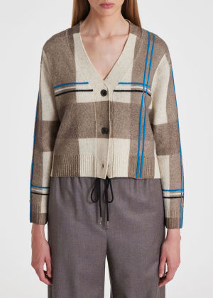 Model View - Women's Wool-Blend Intarsia Check Cardigan Paul Smith