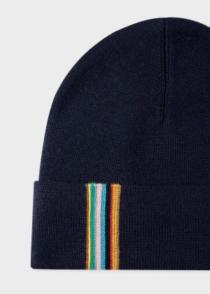 Product view - Women's Navy Merino Wool Beanie With 'Signature Stripe' Trim Paul Smith