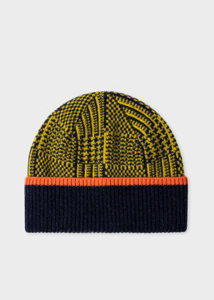 Front View - Women's Yellow 'Prince of Wales Check' Lambswool Beanie Paul Smith