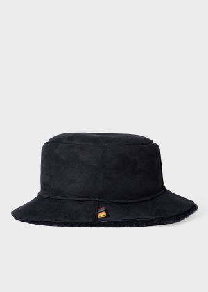 Front View - Women's Navy Suede Bucket Hat With Shearling Lining Paul Smith