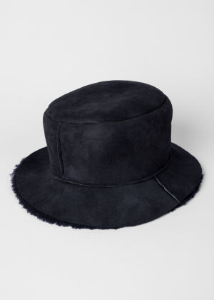 Detail View - Women's Navy Suede Bucket Hat With Shearling Lining Paul Smith