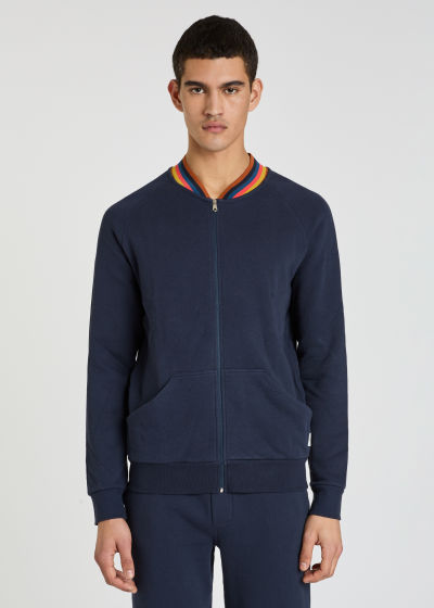 Model Front View - Men's Navy Zip Lounge Top With 'Artist Stripe Collar Paul Smith