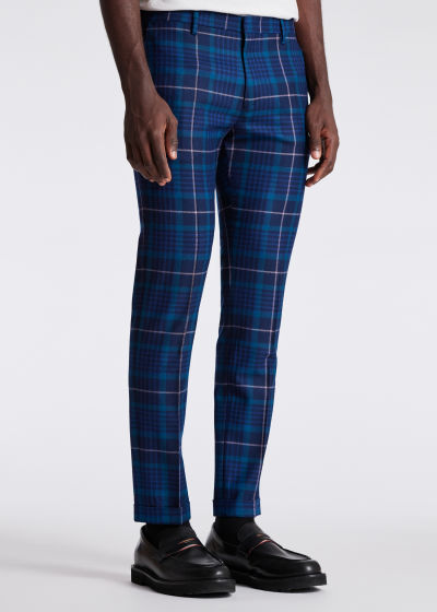 Model View - Blue Tartan Wool Slim-Fit Trousers Paul Smith