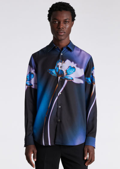 Model View - Men's Navy 'Shadow Floral' Long-Sleeve Shirt Paul Smith