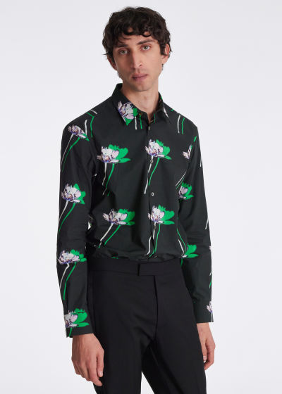 Model View - Men's Black Slim-Fit Cotton 'Shadow Floral' Long-Sleeve Shirt Paul Smith