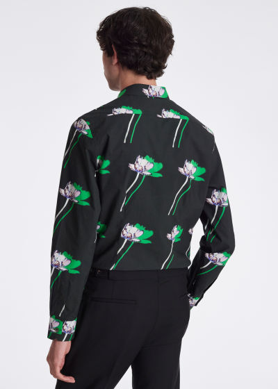 Model View - Men's Black Slim-Fit Cotton 'Shadow Floral' Long-Sleeve Shirt Paul Smith