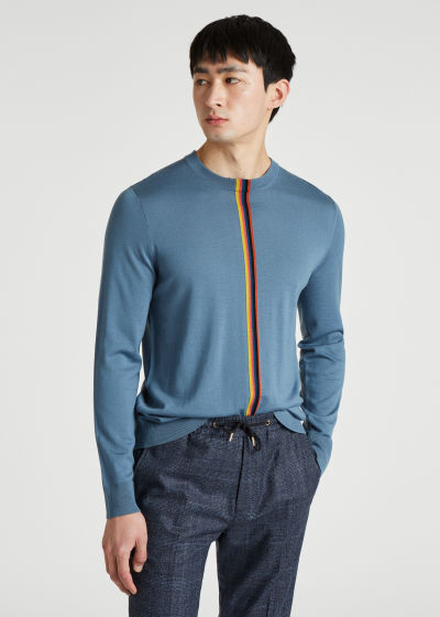 Model Front View - Men's Muted Blue Merino Sweater With Central 'Artist Stripe' Paul Smith