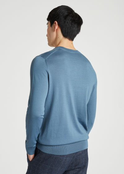 Model Back View - Men's Muted Blue Merino Sweater With Central 'Artist Stripe' Paul Smith