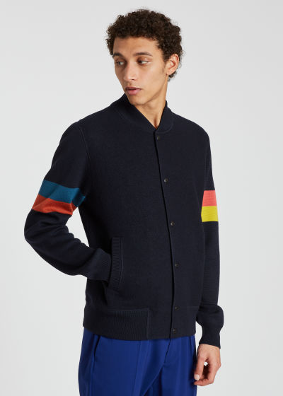 Model Front View - Men's Dark Navy Knitted Wool Bomber Jacket With 'Artist Stripe' Sleeves Paul Smith