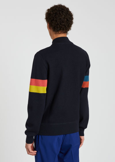 Model Back View - Men's Dark Navy Knitted Wool Bomber Jacket With 'Artist Stripe' Sleeves Paul Smith
