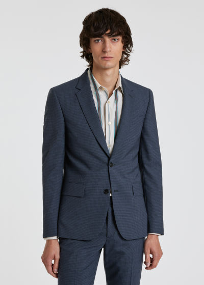 Model View - Men's Tailored-Fit Navy Micro-Check Wool-Cashmere Suit Paul Smith
