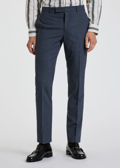 Model View - Men's Tailored-Fit Navy Micro-Check Wool-Cashmere Suit Paul Smith