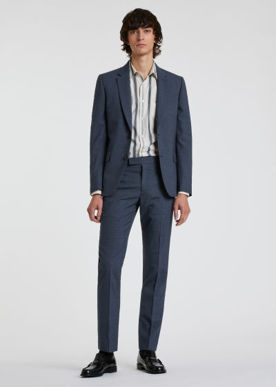 Model View - Men's Tailored-Fit Navy Micro-Check Wool-Cashmere Suit Paul Smith