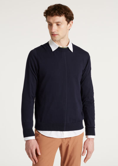 Model Front View - Men's Navy Cotton Contrast-Collar Sweater Paul Smith