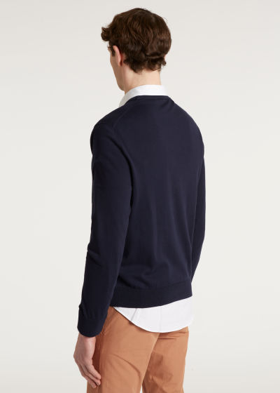 Model Back View - Men's Navy Cotton Contrast-Collar Sweater Paul Smith