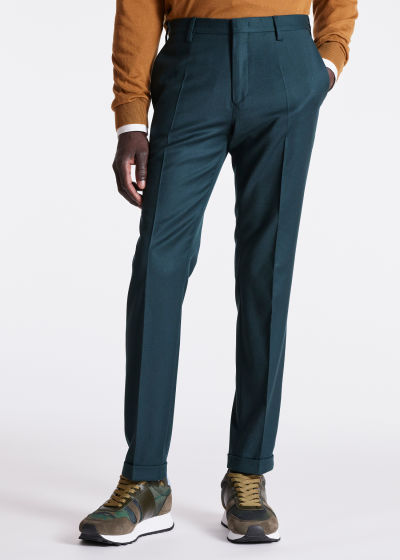 Model View - Men's Slim-Fit Dark Green Wool-Cashmere Trousers Paul Smith