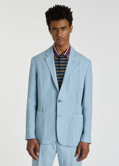 Model View - Light Blue Linen Patch-Pocket Unconstructed Blazer by Paul Smith
