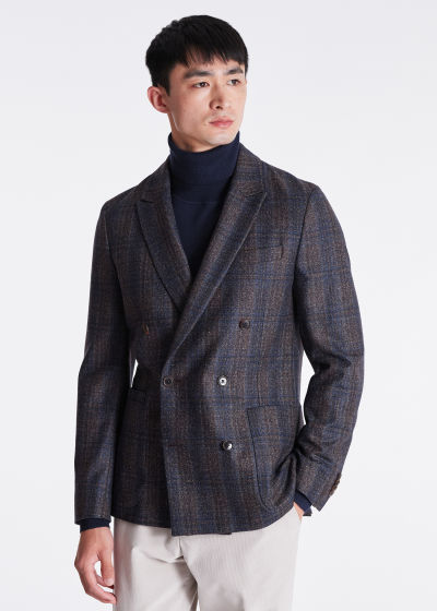 Model View - Men's Navy Check Wool Tweed Blazer Paul Smith