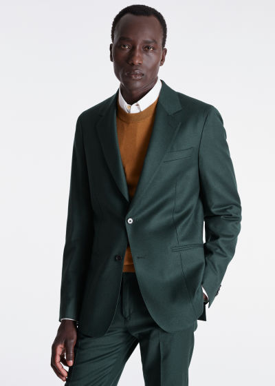 Model View - Men's Tailored-Fit Cashmere-Wool Dark Green Blazer Paul Smith