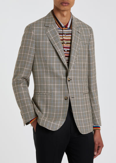 Model View - Men's Ecru Check Wool-Silk Buggy Lined Blazer Paul Smith