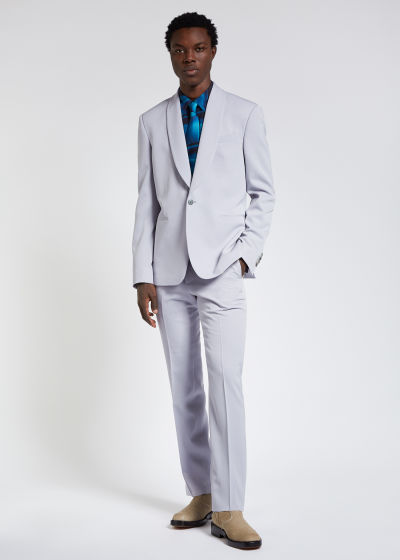 Model View - Men's Stone Blue Shawl Collar Wool-Twill Blazer Paul Smith