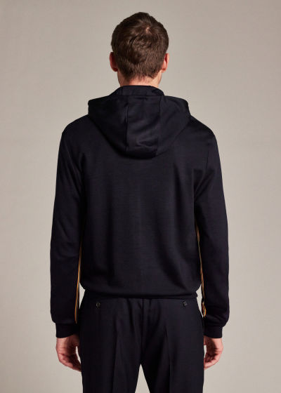 Model View - Navy Zip-Front Wool 'Signature Stripe' Hoodie by Paul Smith