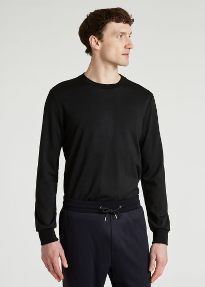 Model Front View - Men's Black 'Signature Stripe' Wool Sweatshirt Paul Smith