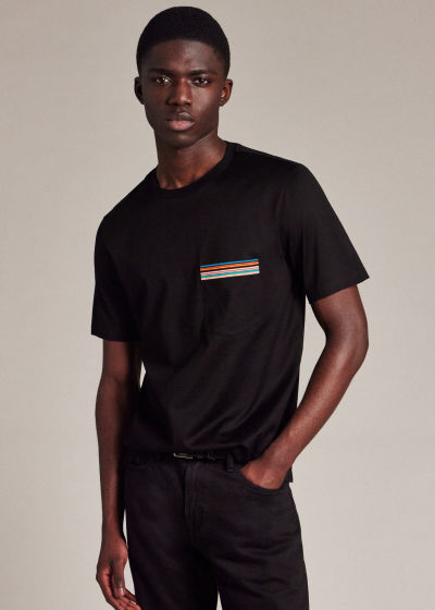 Model Front View - Men's Black 'Signature Stripe' Pocket T-Shirt Paul Smith