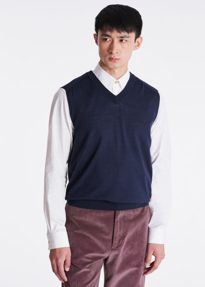 Model View - Men's Navy Merino Wool Knitted Vest Paul Smith
