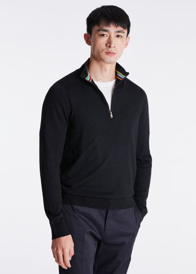 Model View - Men's Black Half Zip Merino Sweater Paul Smith
