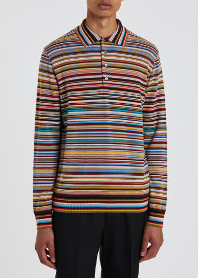 Model View - 'Signature Stripe' Long-Sleeve Wool Polo Shirt Paul Smith