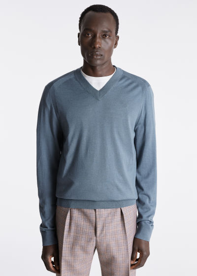 Model View - Men's Sea Green Merino Wool V-Neck Sweater Paul Smith