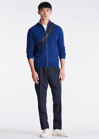Model View - Men's Cobalt Blue Cashmere Zip Cardigan Paul Smith