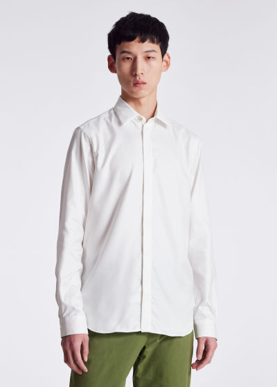 Model View - Men's Tailored-Fit White Concealed Placket Shirt Paul Smith