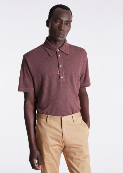 Model View - Men's Plum Linen Polo Shirt by Paul Smith