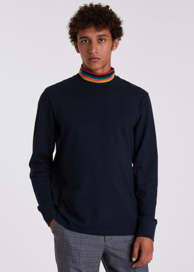 Model View - Men's Navy 'Artist Stripe' Mock Neck Long-Sleeve T-Shirt Paul Smith