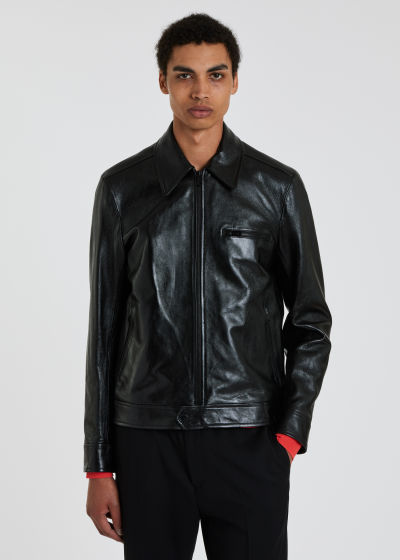 Model View - Men's Black Textured Leather Zip-Front Jacket Paul Smith