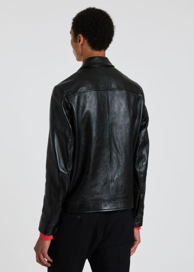 Model View - Men's Black Textured Leather Zip-Front Jacket Paul Smith
